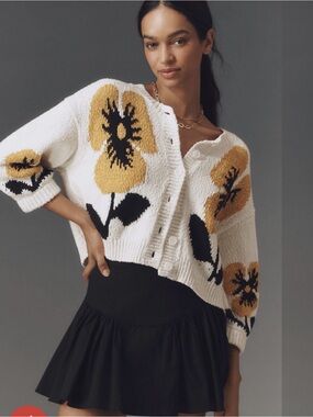 Anthropologie Elbow-Sleeve Cardigan Sweater XL Color: YELLOW MOTIF NWT